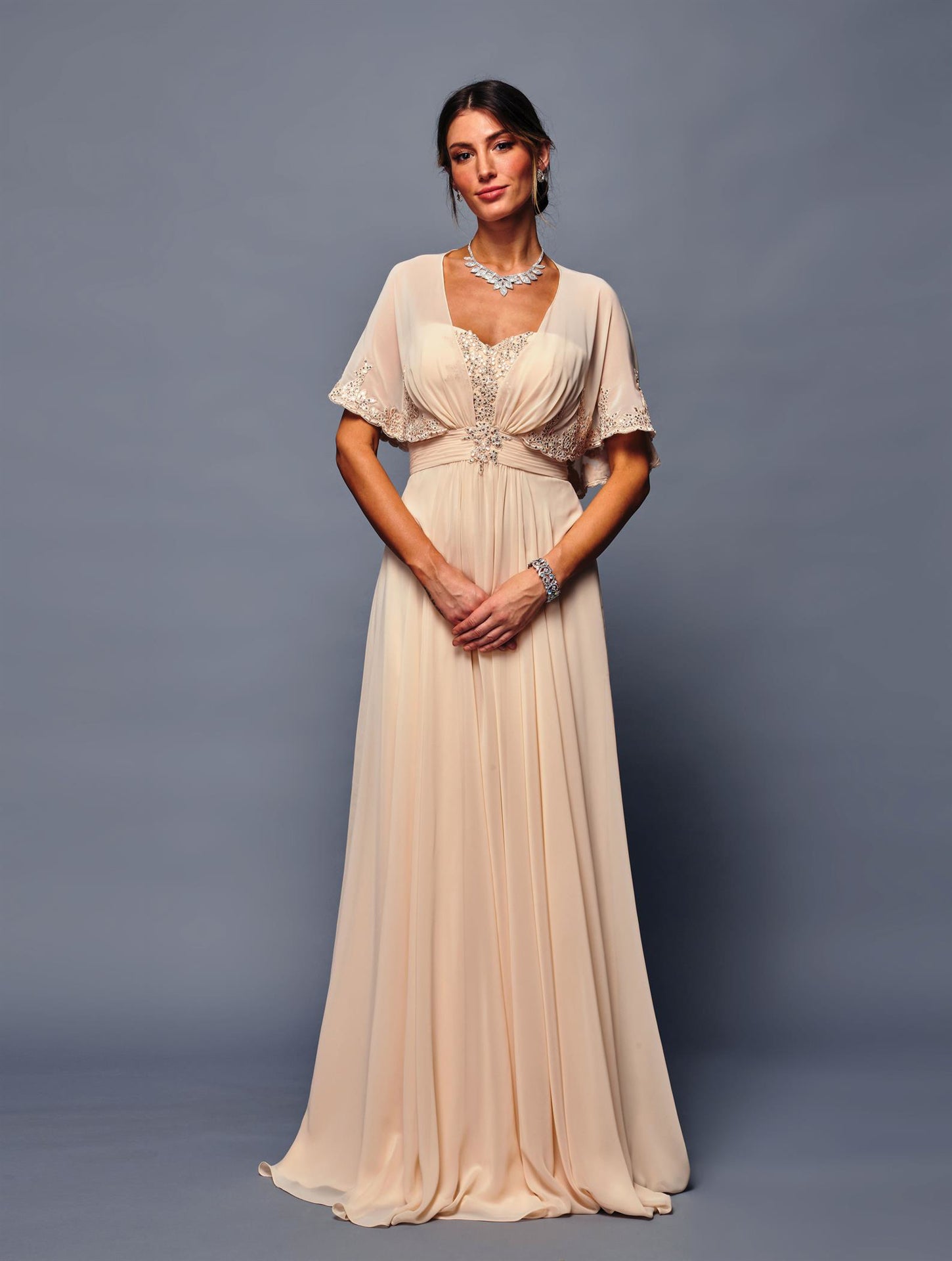 Chiffon A-Line Evening Gown with Sheer Cape Sleeves and Embellished Dress by Deklaire Bridal K314