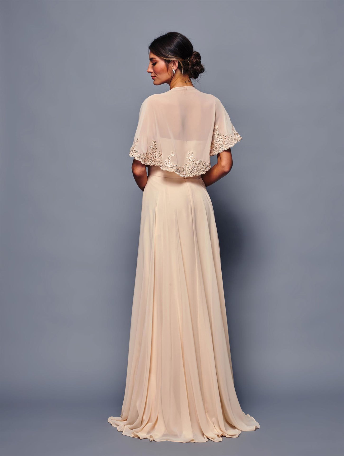Chiffon A-Line Evening Gown with Sheer Cape Sleeves and Embellished Dress by Deklaire Bridal K314