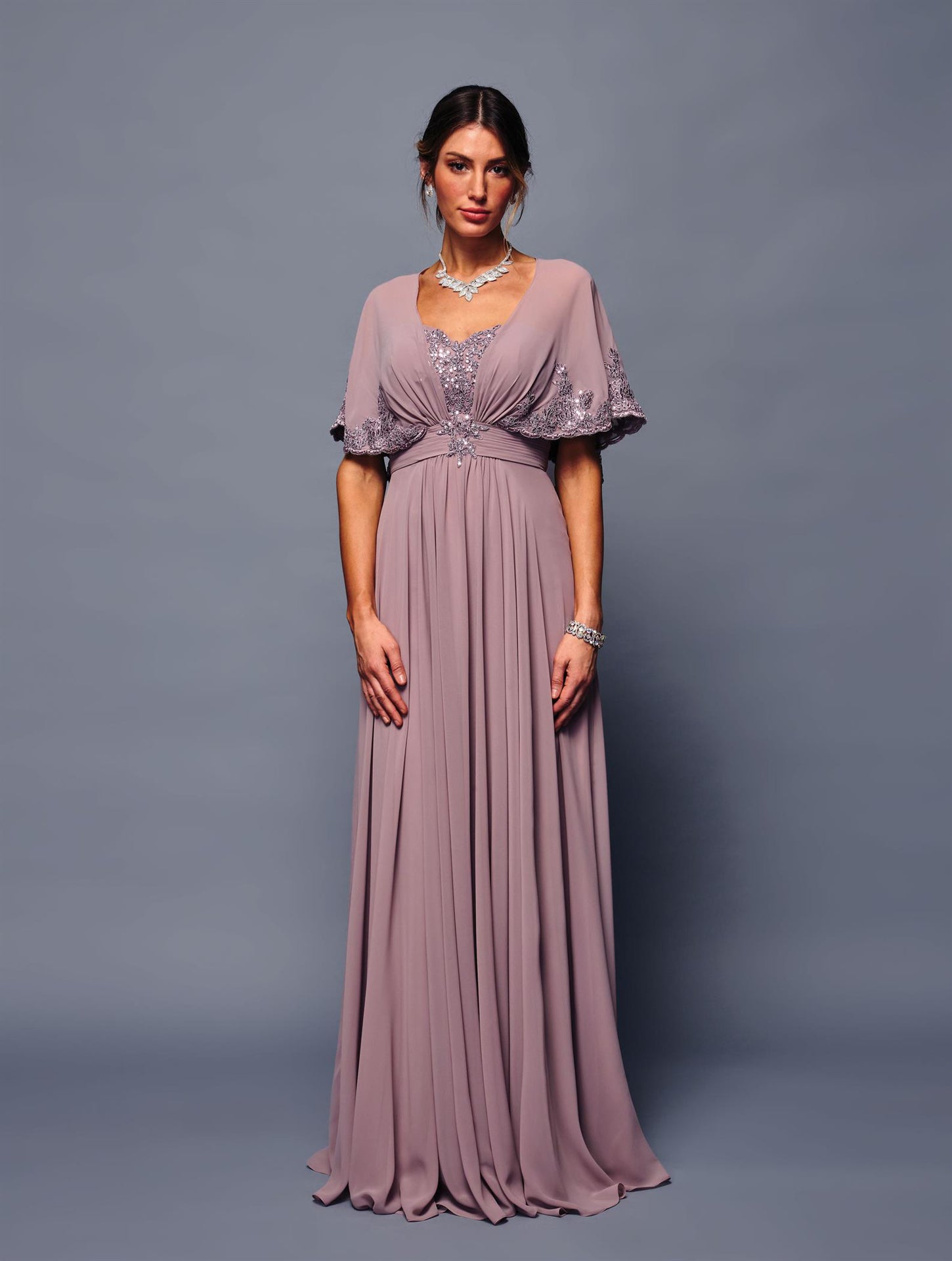 Chiffon A-Line Evening Gown with Sheer Cape Sleeves and Embellished Dress by Deklaire Bridal K314