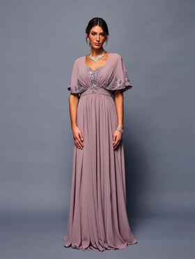 Chiffon A-Line Evening Gown with Sheer Cape Sleeves and Embellished Dress by Deklaire Bridal K314