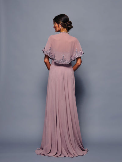 Chiffon A-Line Evening Gown with Sheer Cape Sleeves and Embellished Dress by Deklaire Bridal K314