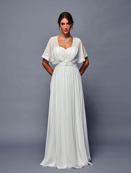 Chiffon A-Line Evening Gown with Sheer Cape Sleeves and Embellished Dress by Deklaire Bridal K314