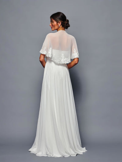 Chiffon A-Line Evening Gown with Sheer Cape Sleeves and Embellished Dress by Deklaire Bridal K314