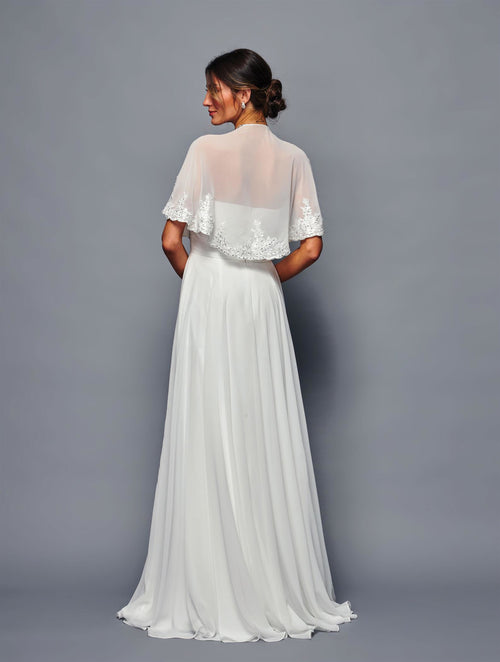 Chiffon A-Line Evening Gown with Sheer Cape Sleeves and Embellished Dress by Deklaire Bridal K314