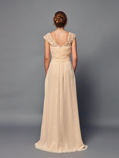 Elegant Chiffon A-Line Gown with Lace Bodice & V-Neck Floor-Length Dress by Deklaire Bridal K315