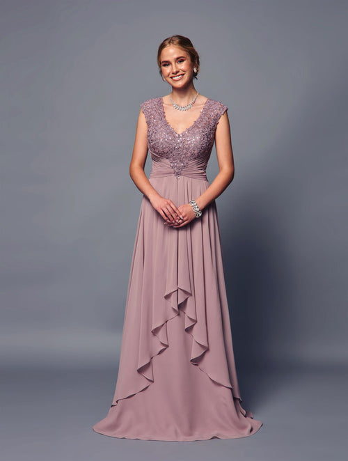 Elegant Chiffon A-Line Gown with Lace Bodice & V-Neck Floor-Length Dress by Deklaire Bridal K315