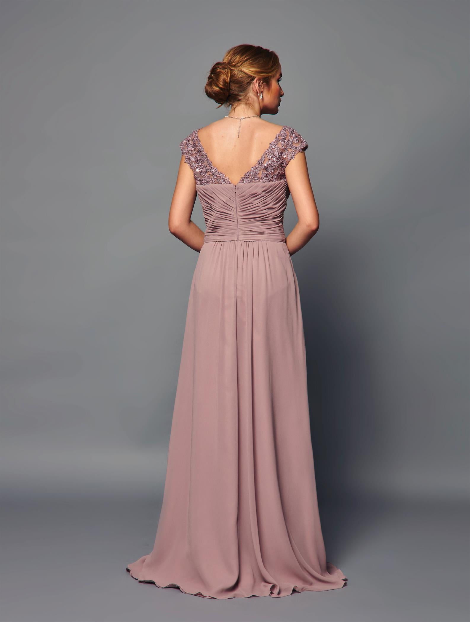Elegant Chiffon A-Line Gown with Lace Bodice & V-Neck Floor-Length Dress by Deklaire Bridal K315