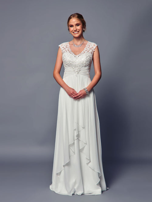 Elegant Chiffon A-Line Gown with Lace Bodice & V-Neck Floor-Length Dress by Deklaire Bridal K315