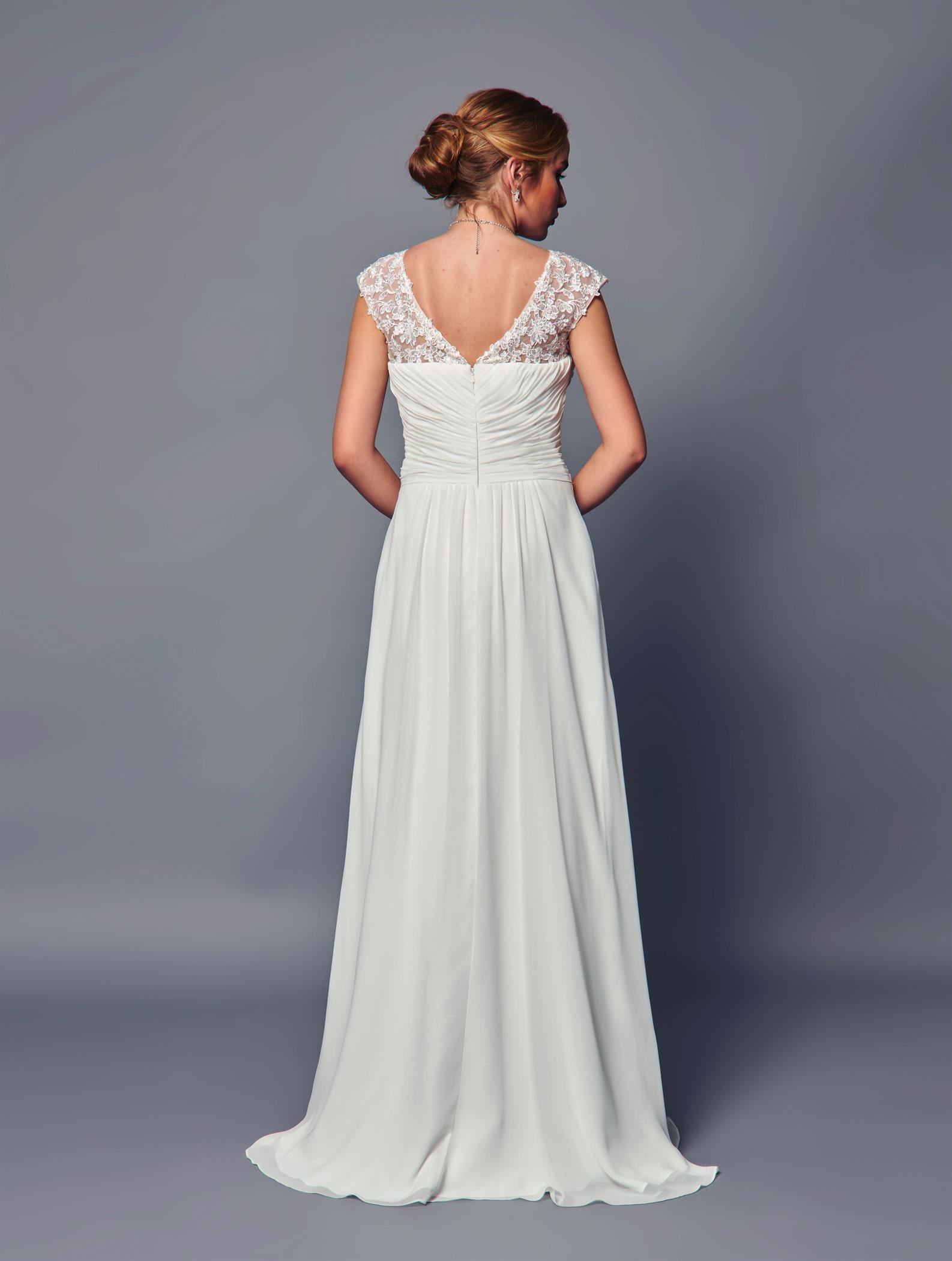 Elegant Chiffon A-Line Gown with Lace Bodice & V-Neck Floor-Length Dress by Deklaire Bridal K315