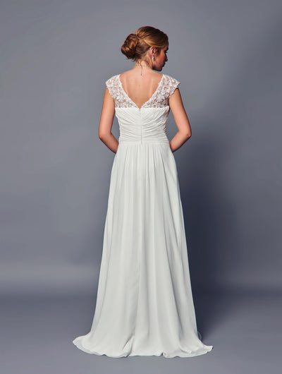 Elegant Chiffon A-Line Gown with Lace Bodice & V-Neck Floor-Length Dress by Deklaire Bridal K315