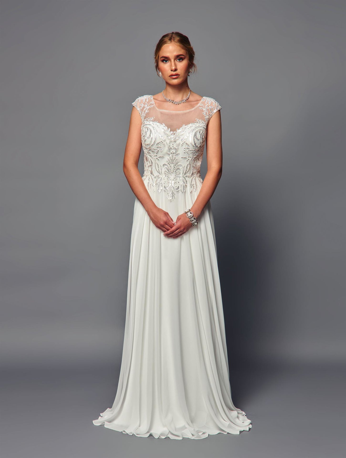 Elegant A-Line Evening Gown with Sheer Illusion Neckline Formal Dress by Deklaire Bridal K316
