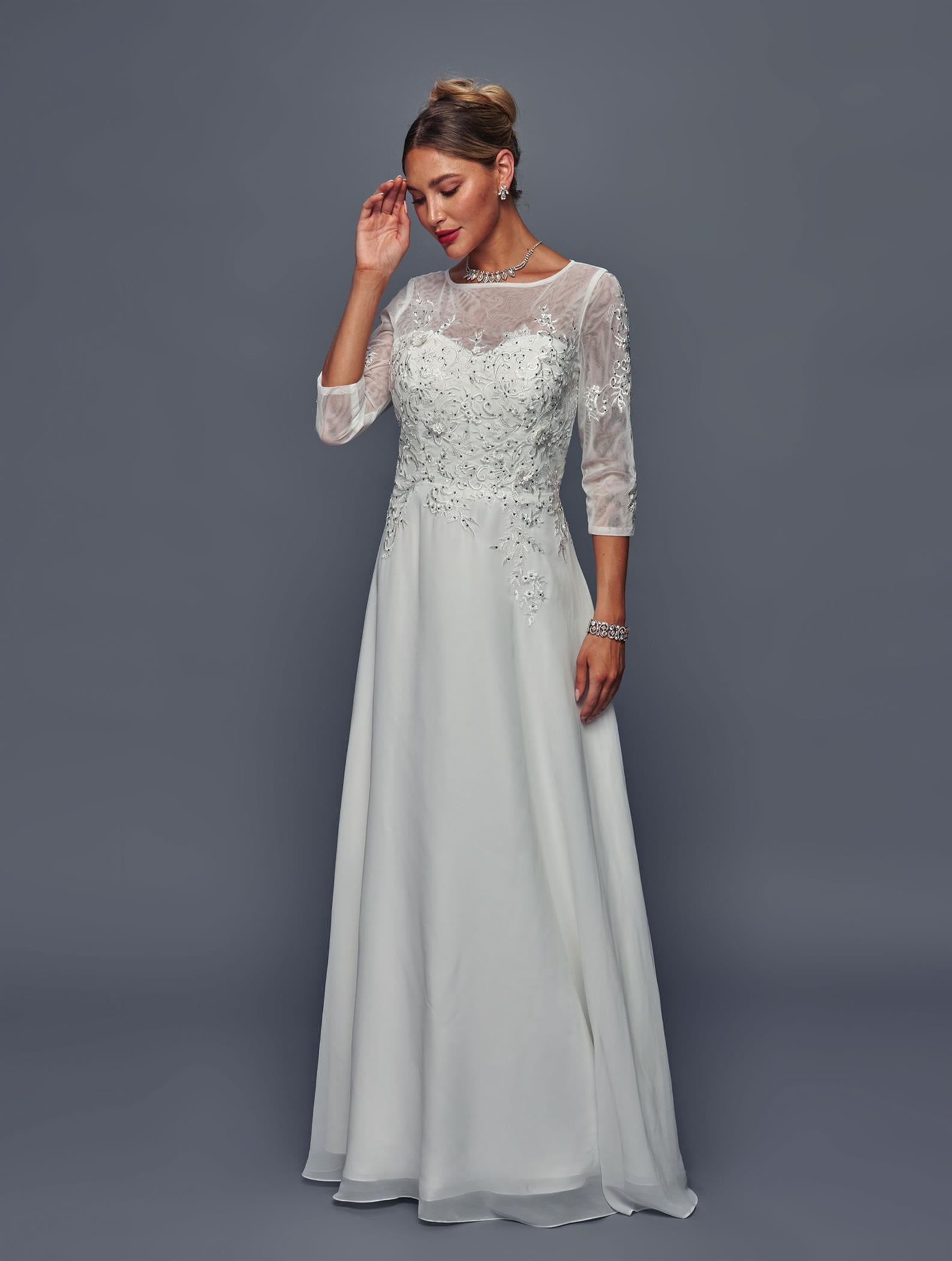 Elegant Mother of the Bride Chiffon A-Line Dress with Sheer Sleeves by Deklaire Bridal K317