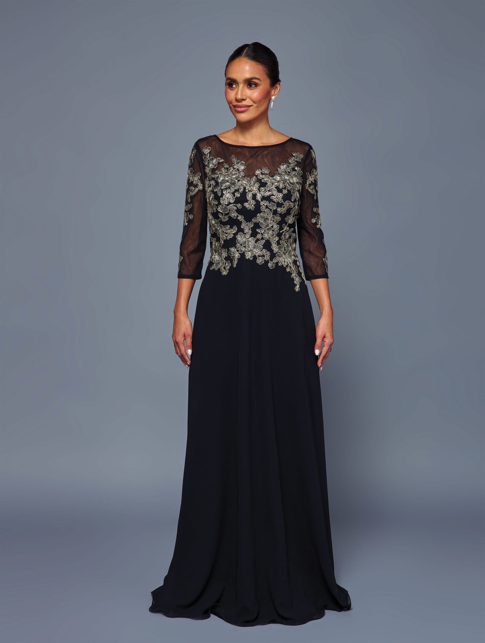 Floral Lace Appliqué Chiffon Dress Long Sleeve Mother of the Bride Dress by Deklaire Bridal K319