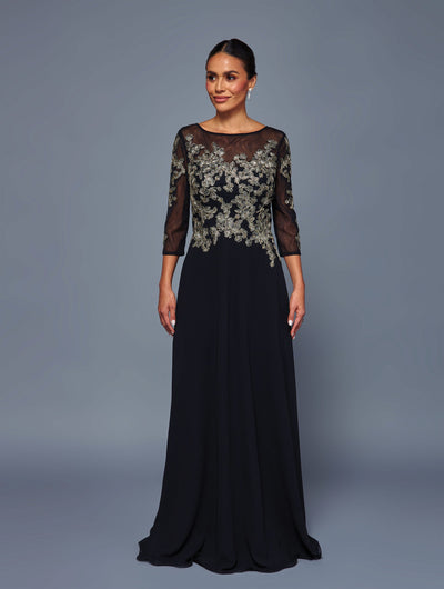 Floral Lace Appliqué Chiffon Dress Long Sleeve Mother of the Bride Dress by Deklaire Bridal K319