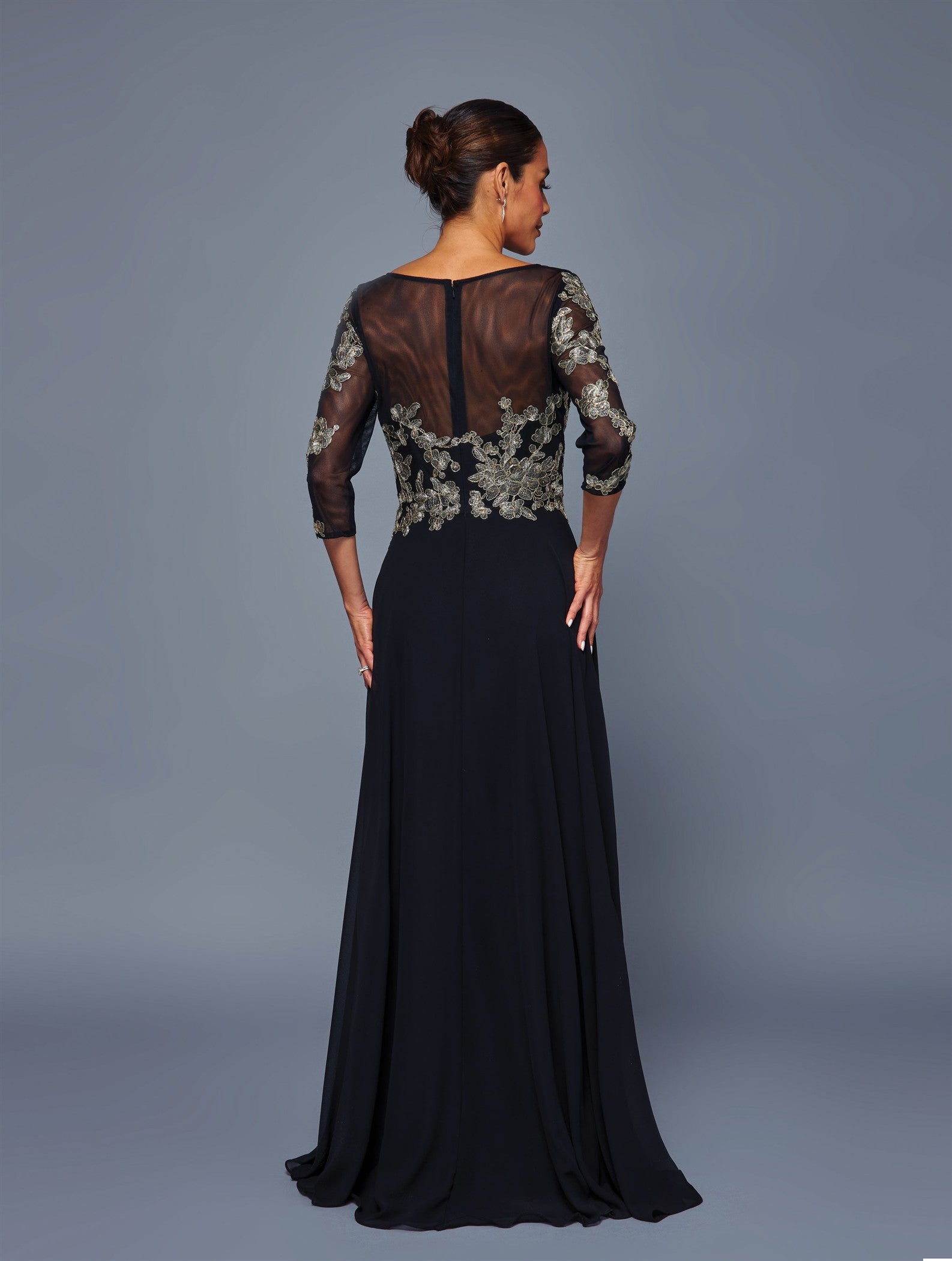 Floral Lace Appliqué Chiffon Dress Long Sleeve Mother of the Bride Dress by Deklaire Bridal K319