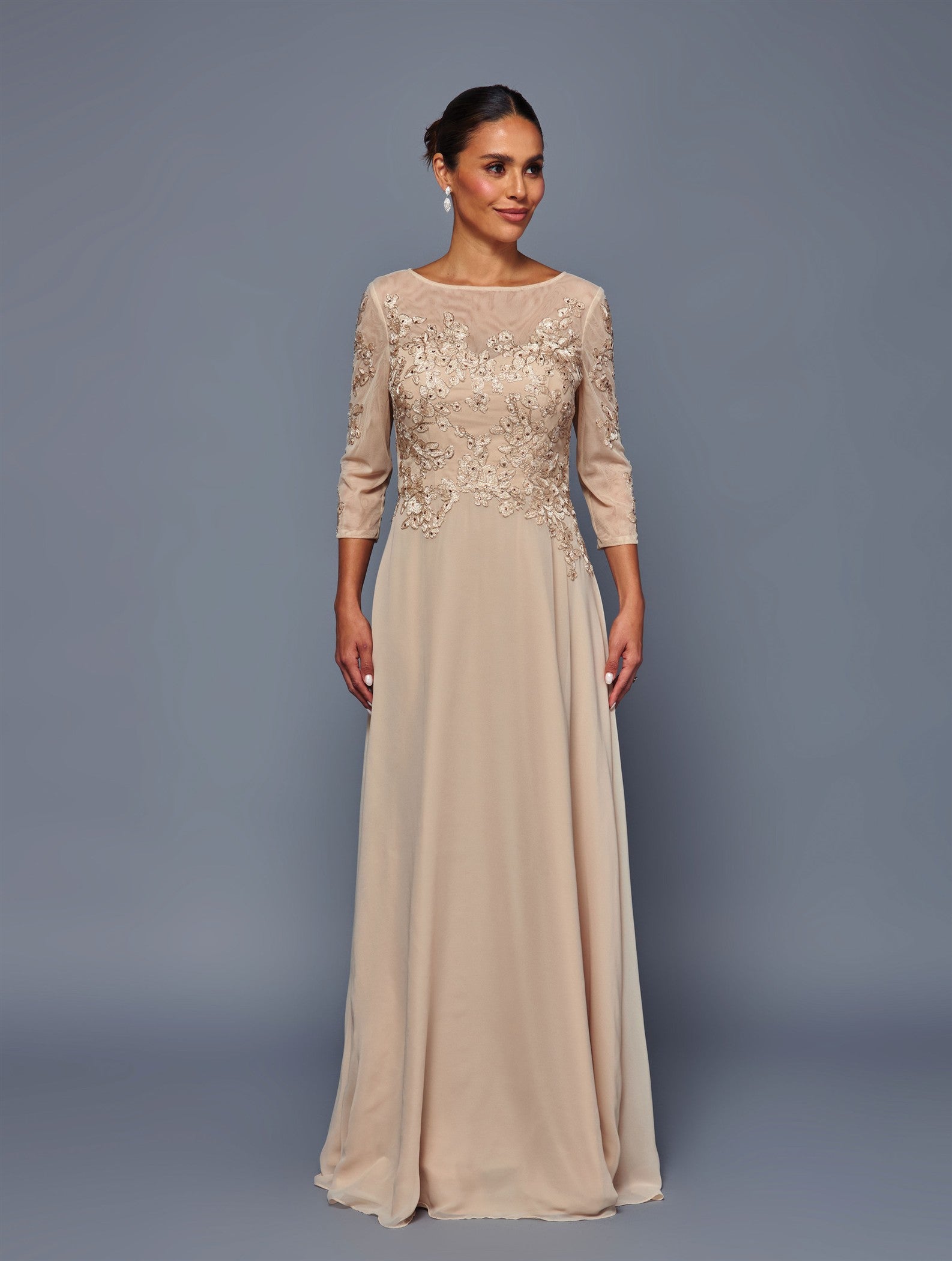 Floral Lace Appliqué Chiffon Dress Long Sleeve Mother of the Bride Dress by Deklaire Bridal K319
