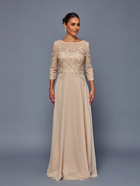 Floral Lace Appliqué Chiffon Dress Long Sleeve Mother of the Bride Dress by Deklaire Bridal K319