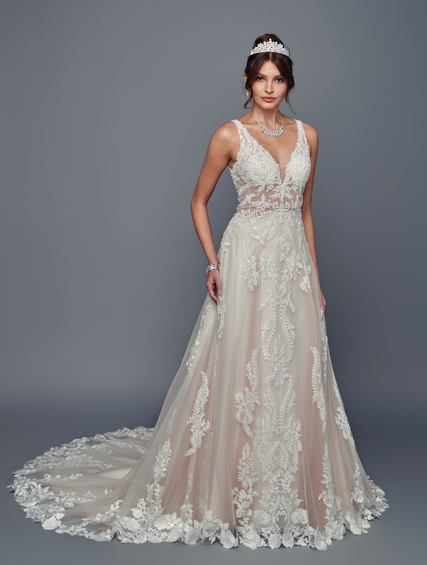 Straps V-Neck Wedding Dress with Beaded Lace Sequin Appliqué & Chapel Train by Deklaire Bridal 501