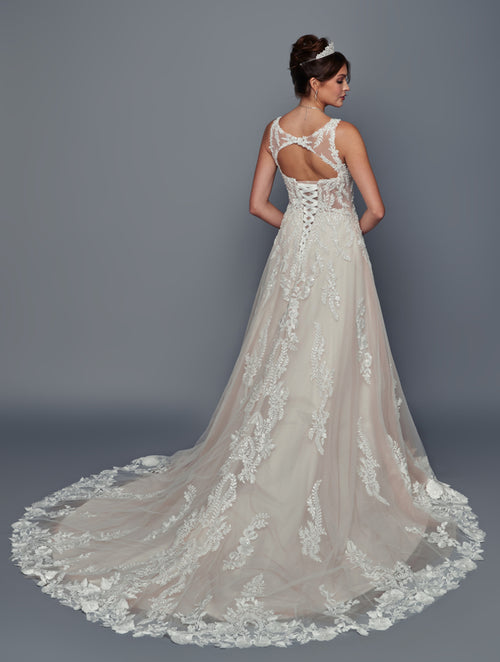 Straps V-Neck Wedding Dress with Beaded Lace Sequin Appliqué & Chapel Train by Deklaire Bridal 501