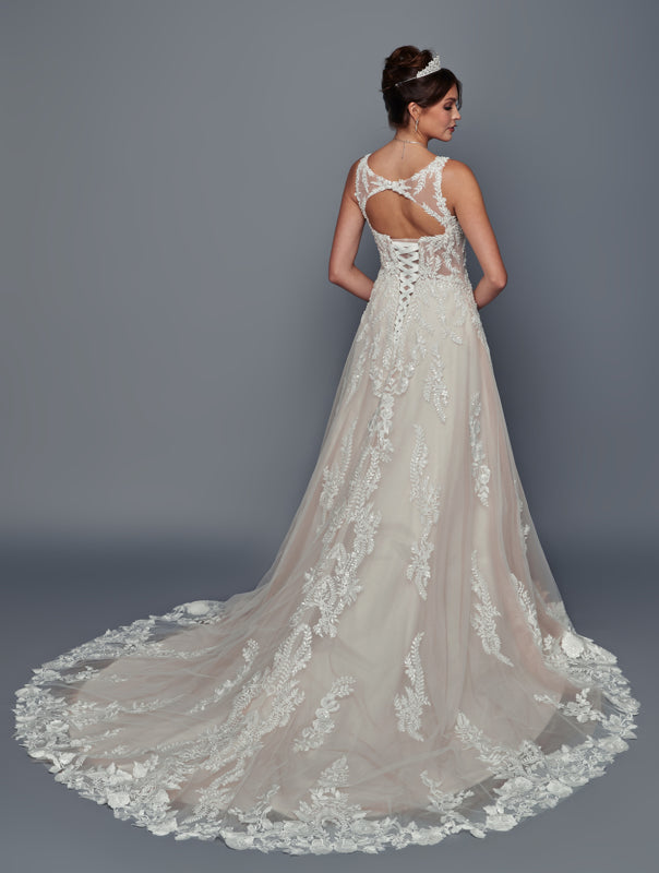 Straps V-Neck Wedding Dress with Beaded Lace Sequin Appliqué & Chapel Train by Deklaire Bridal 501