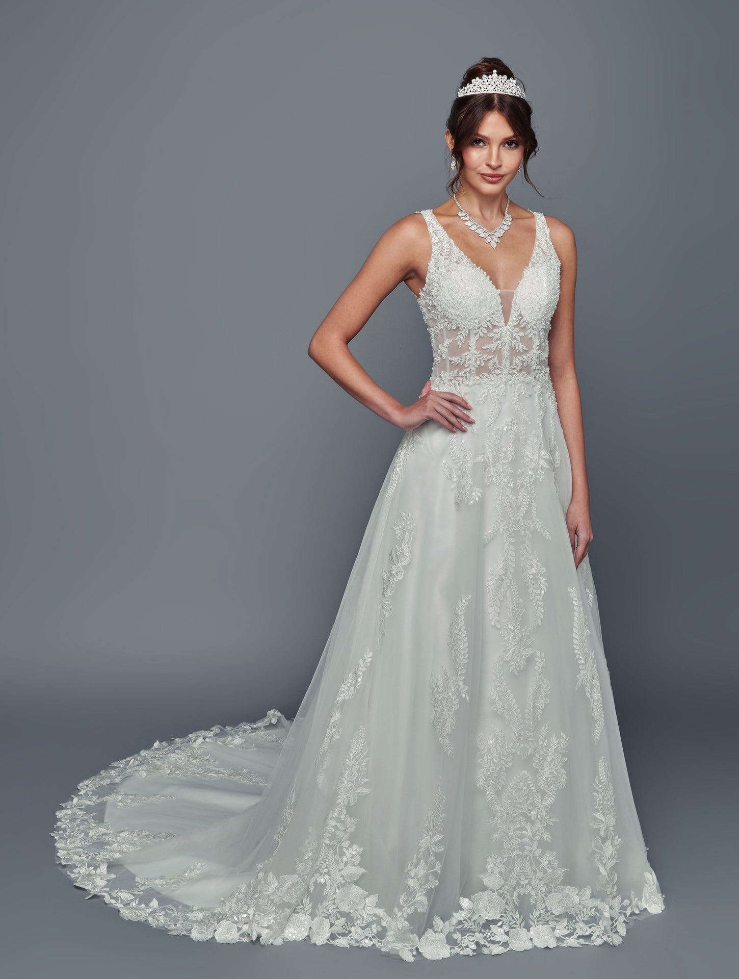 Straps V-Neck Wedding Dress with Beaded Lace Sequin Appliqué & Chapel Train by Deklaire Bridal 501
