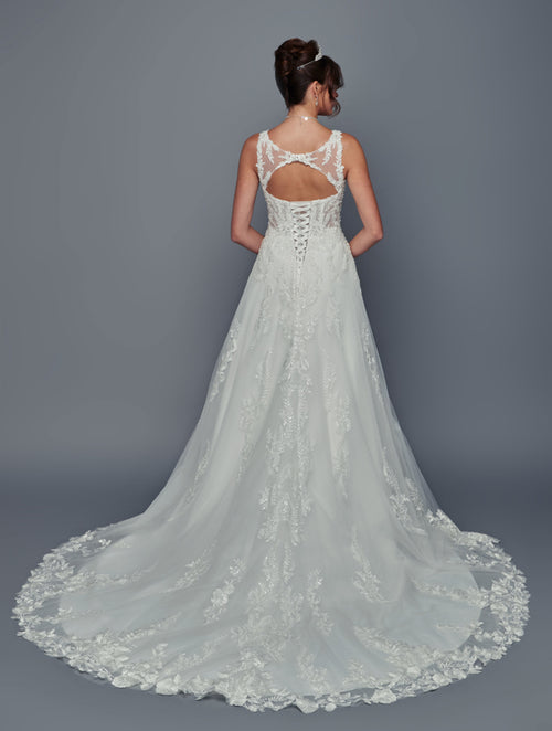 Straps V-Neck Wedding Dress with Beaded Lace Sequin Appliqué & Chapel Train by Deklaire Bridal 501