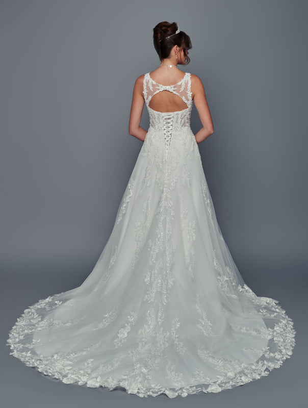 Straps V-Neck Wedding Dress with Beaded Lace Sequin Appliqué & Chapel Train by Deklaire Bridal 501