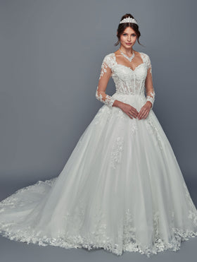 Illusion Lace Long Sleeve A-Line Gown Wedding Dress with Corset Back by Deklaire Bridal 500