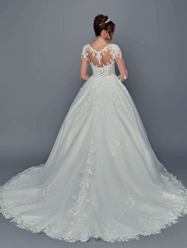 Illusion Lace Long Sleeve A-Line Gown Wedding Dress with Corset Back by Deklaire Bridal 500