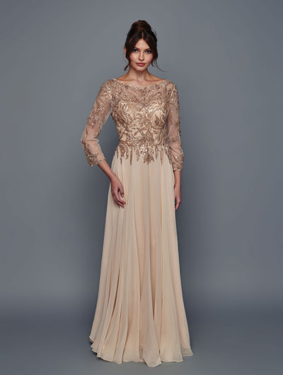 Elegant Long Sleeve Beaded Chiffon Evening Gown A-Line Floor Length Dress by Deklaire Bridal K320