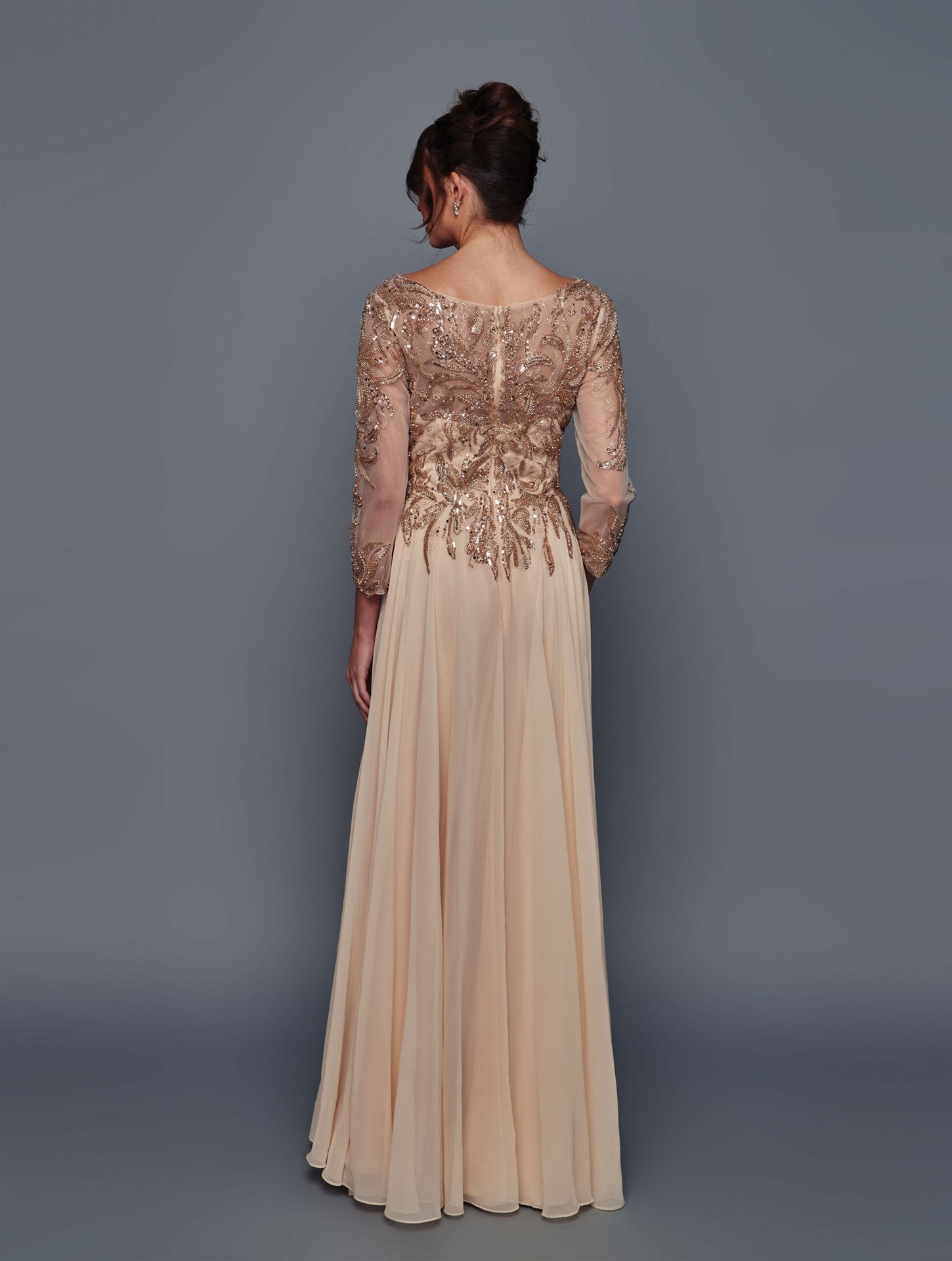 Elegant Long Sleeve Beaded Chiffon Evening Gown A-Line Floor Length Dress by Deklaire Bridal K320