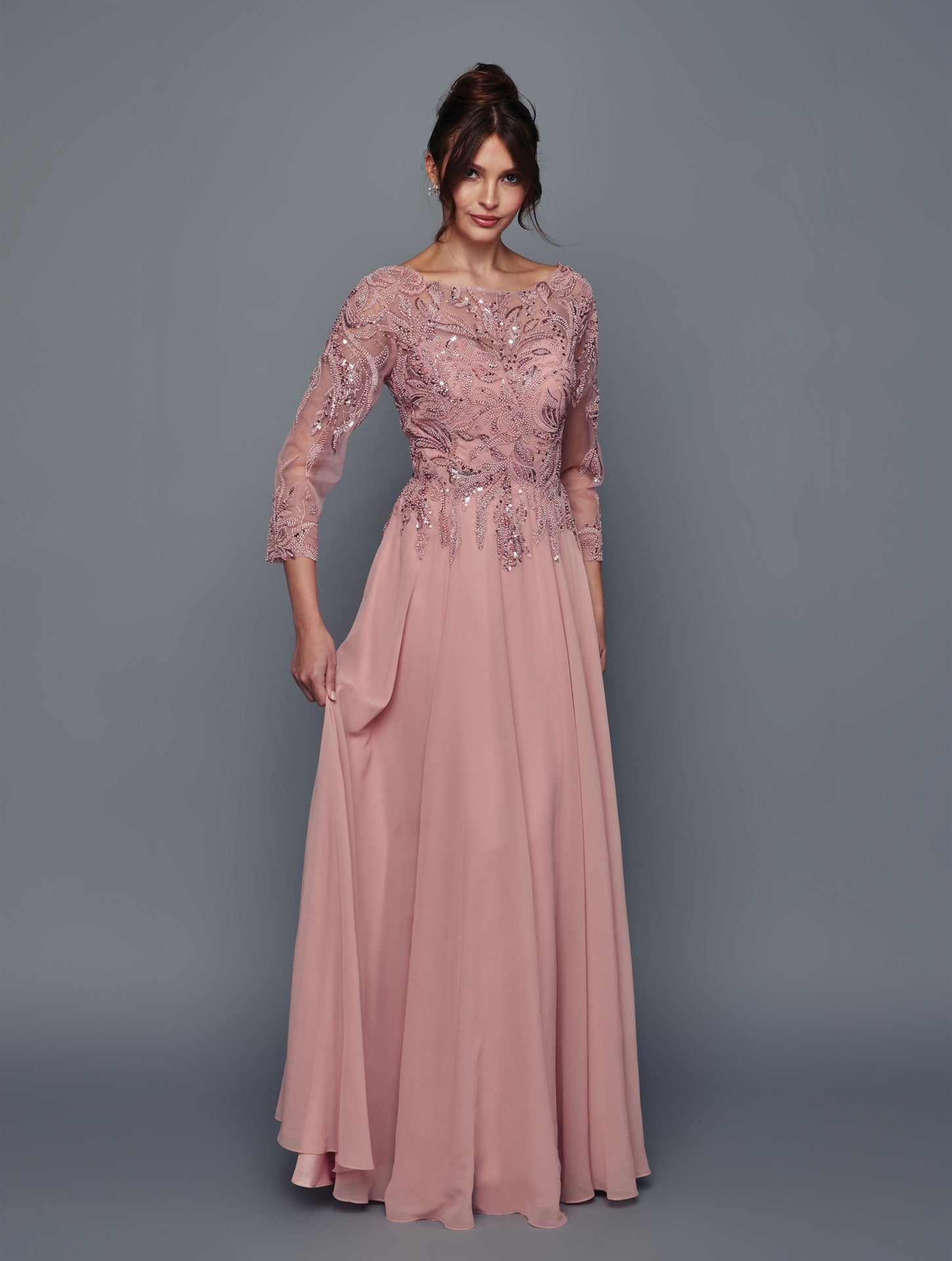 Elegant Long Sleeve Beaded Chiffon Evening Gown A-Line Floor Length Dress by Deklaire Bridal K320
