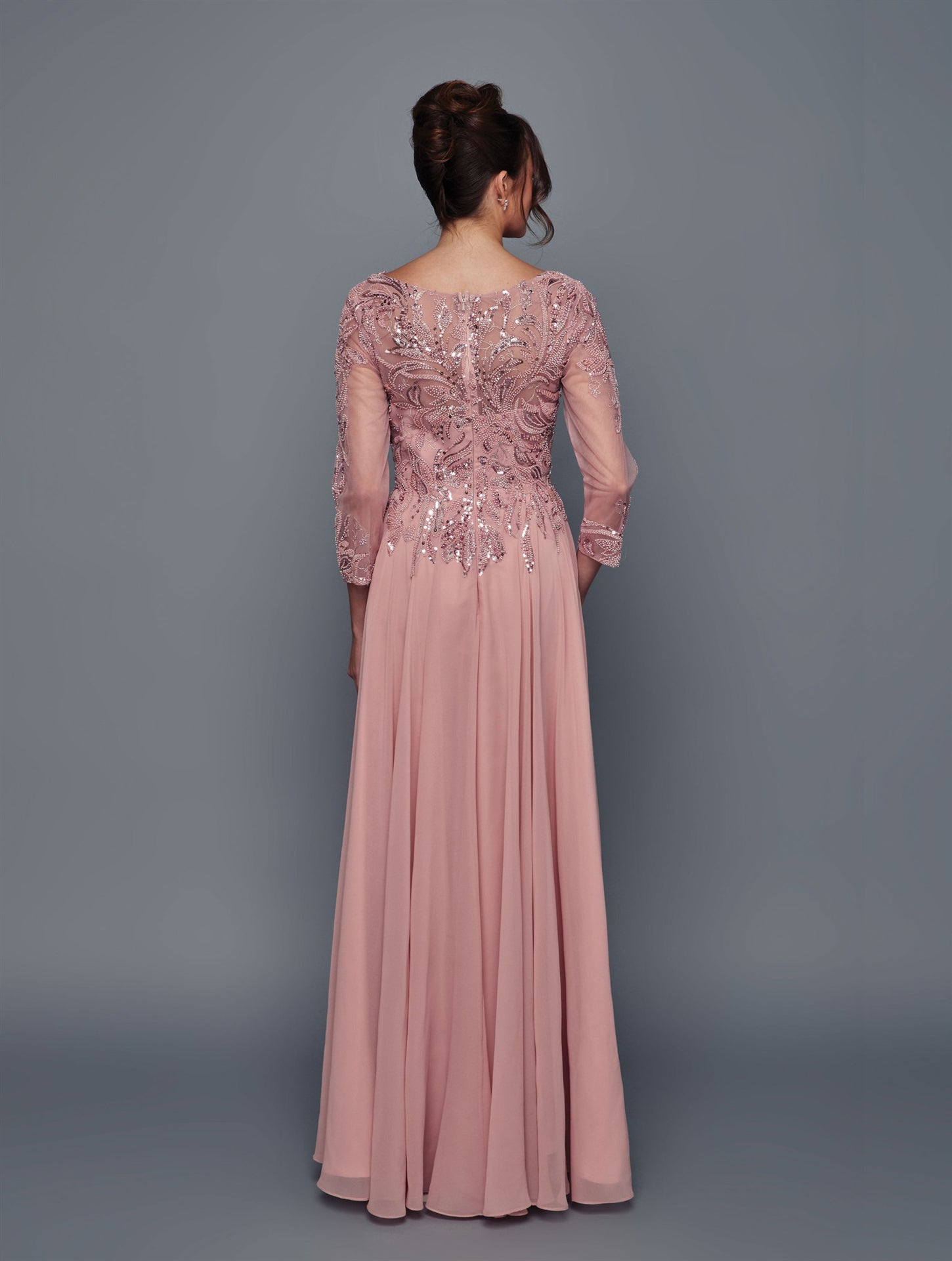 Elegant Long Sleeve Beaded Chiffon Evening Gown A-Line Floor Length Dress by Deklaire Bridal K320