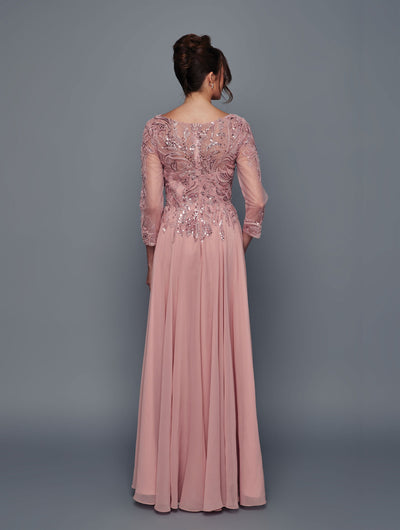 Elegant Long Sleeve Beaded Chiffon Evening Gown A-Line Floor Length Dress by Deklaire Bridal K320