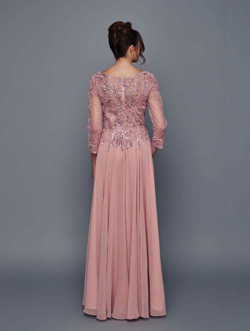 Elegant Long Sleeve Beaded Chiffon Evening Gown A-Line Floor Length Dress by Deklaire Bridal K320