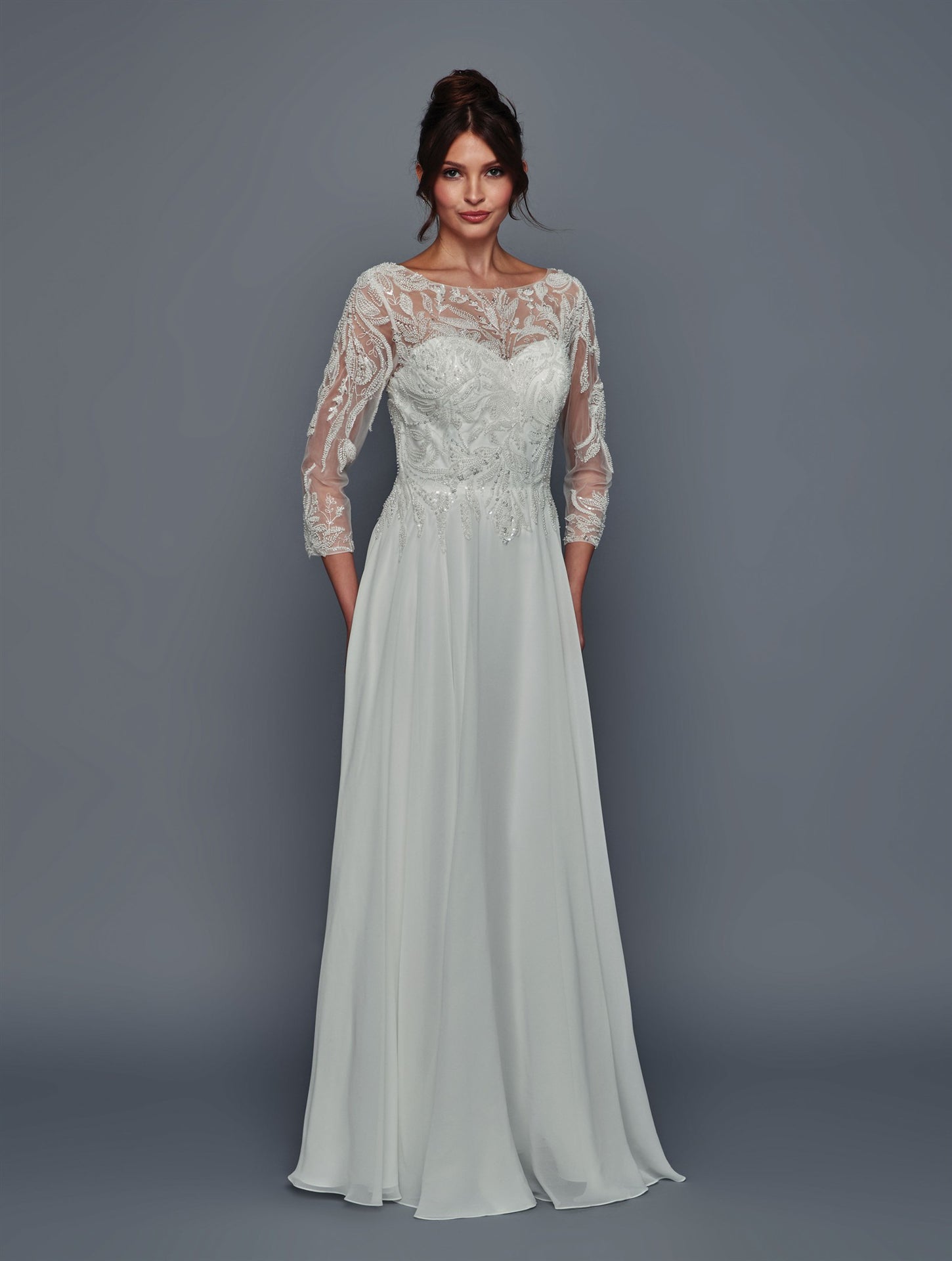 Elegant Long Sleeve Beaded Chiffon Evening Gown A-Line Floor Length Dress by Deklaire Bridal K320
