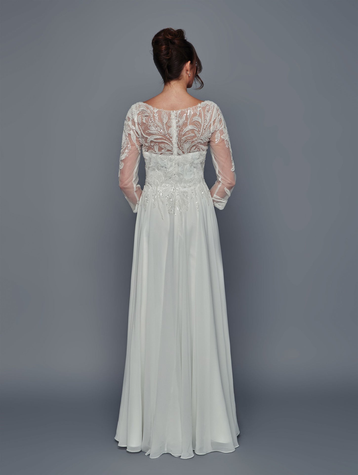 Elegant Long Sleeve Beaded Chiffon Evening Gown A-Line Floor Length Dress by Deklaire Bridal K320