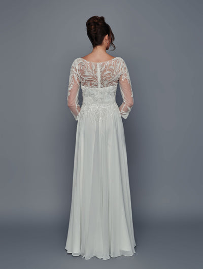Elegant Long Sleeve Beaded Chiffon Evening Gown A-Line Floor Length Dress by Deklaire Bridal K320