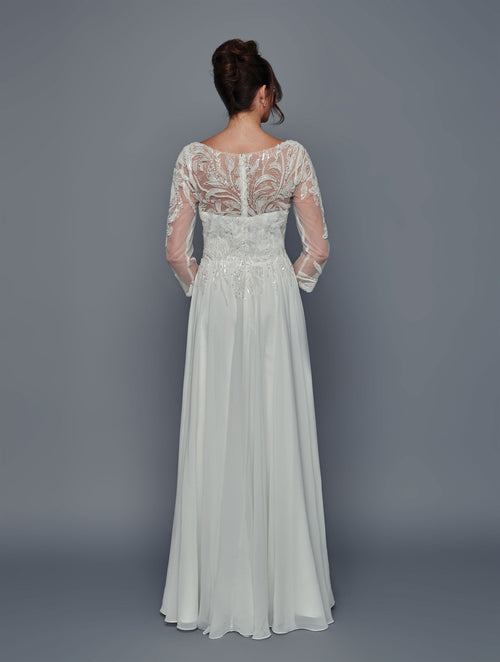 Elegant Long Sleeve Beaded Chiffon Evening Gown A-Line Floor Length Dress by Deklaire Bridal K320