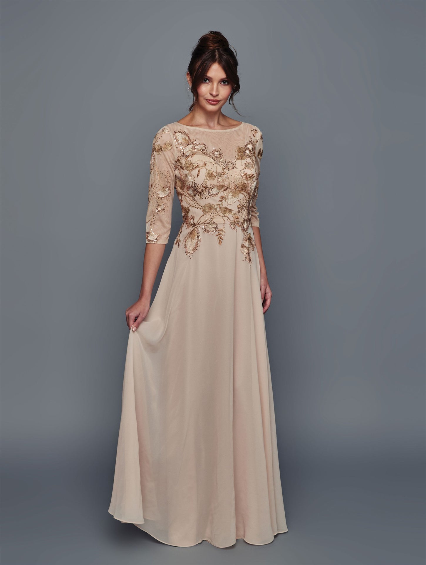 Elegant Embroidered Chiffon Mother of the Bride Dress with Sleeves Gown by Deklaire Bridal K321