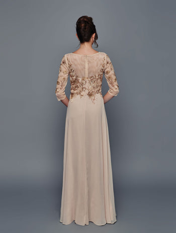 Deklaire Bridal CHAMPAGNE Chiffon Skirt with Embroidered Illusion Mesh Bodice A-Line Mother of the Bride Dresses