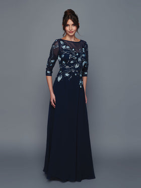 Elegant Embroidered Chiffon Mother of the Bride Dress with Sleeves Gown by Deklaire Bridal K321