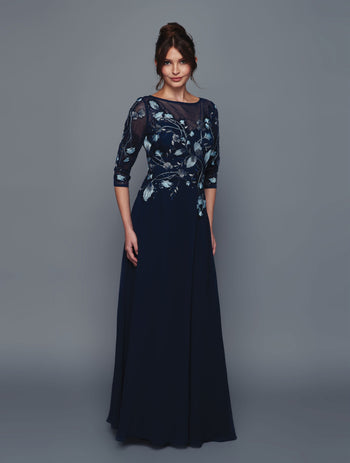 Deklaire Bridal NAVY Chiffon Skirt with Embroidered Illusion Mesh Bodice A-Line Mother of the Bride Dresses