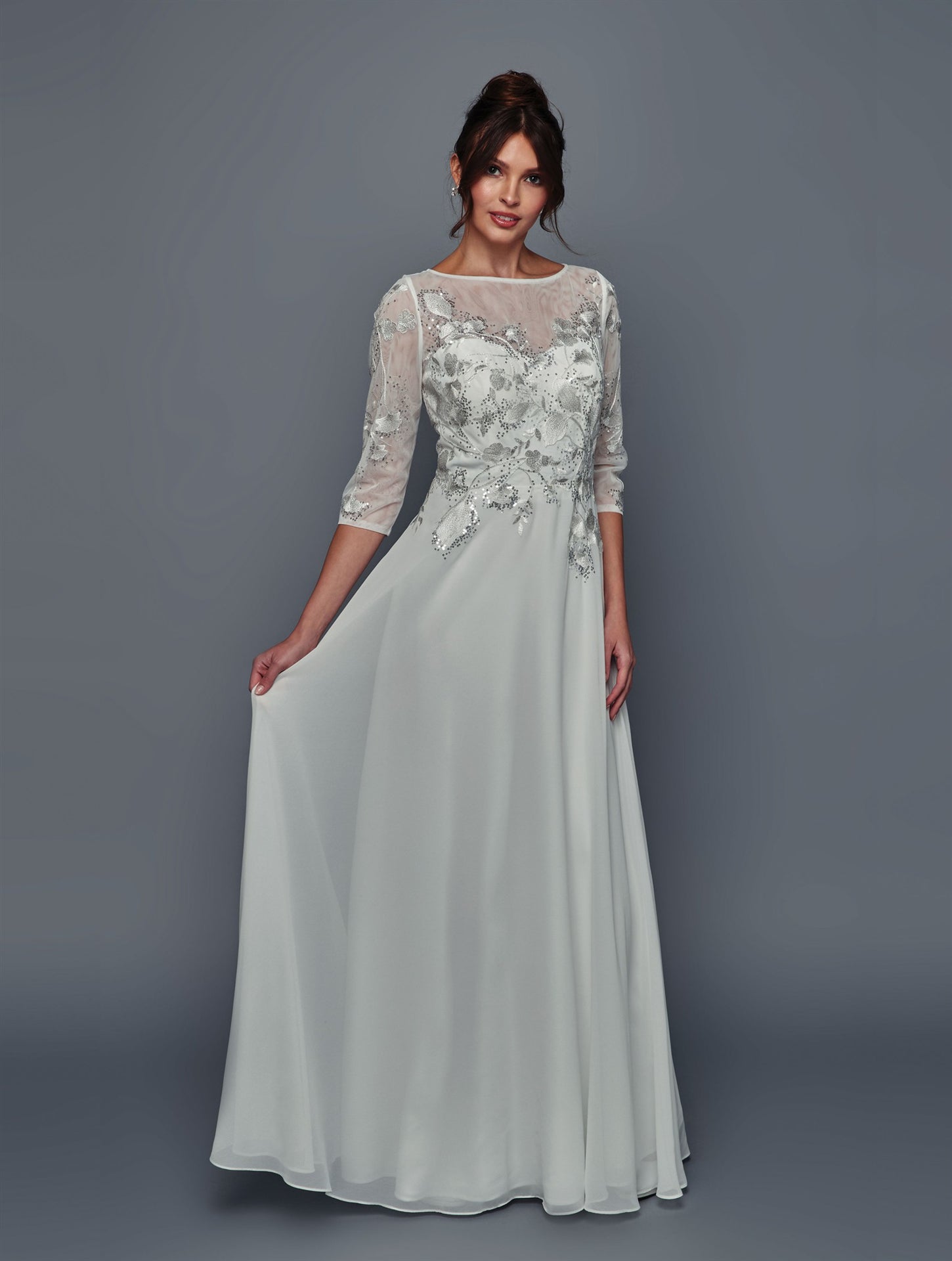 Elegant Embroidered Chiffon Mother of the Bride Dress with Sleeves Gown by Deklaire Bridal K321