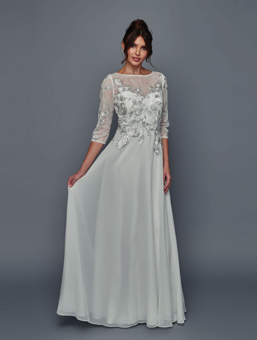 Elegant Embroidered Chiffon Mother of the Bride Dress with Sleeves Gown by Deklaire Bridal K321
