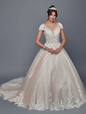 Illusion Boat Neck Lace Wedding Dress with Cap Sleeves A-Line Tulle Skirt by Deklaire Bridal 506