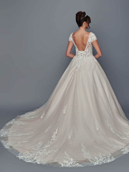 Illusion Boat Neck Lace Wedding Dress with Cap Sleeves A-Line Tulle Skirt by Deklaire Bridal 506