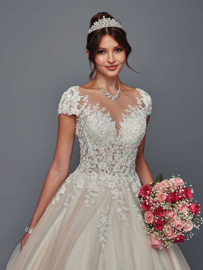Illusion Boat Neck Lace Wedding Dress with Cap Sleeves A-Line Tulle Skirt by Deklaire Bridal 506