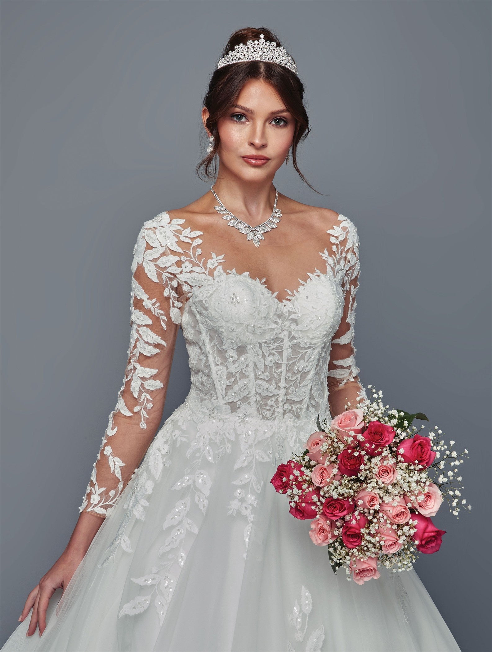 Elegant Illusion Boat Neck Long Sleeve A-Line Wedding Dress by Deklaire Bridal 507