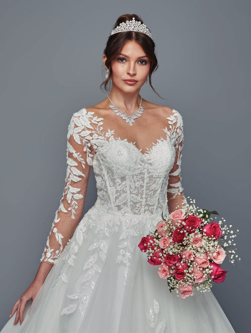 Elegant Illusion Boat Neck Long Sleeve A-Line Wedding Dress by Deklaire Bridal 507
